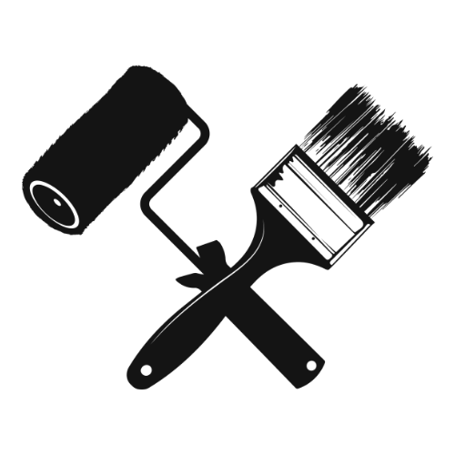Silhouette of a paint roller and paintbrush crossed over each other.