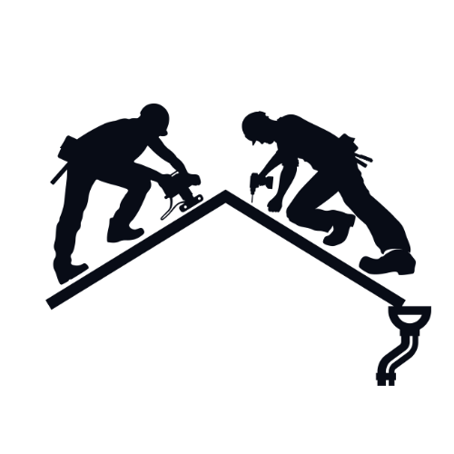 Silhouettes of two workers installing a roof with a gutter, one hammers and the other oversees.