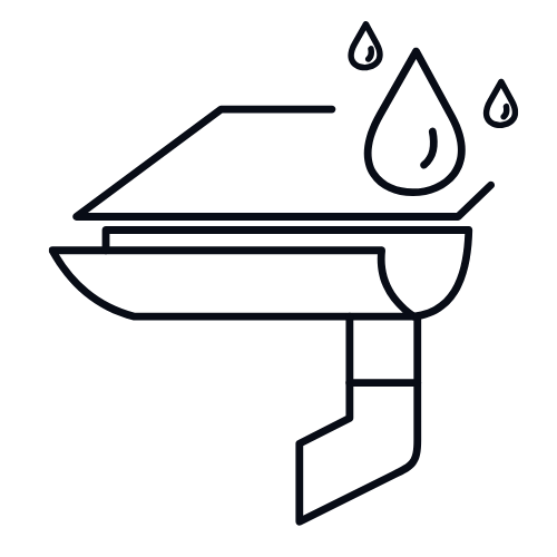 Line drawing of a house with a sloped roof and a rainwater gutter with water droplets falling into it.