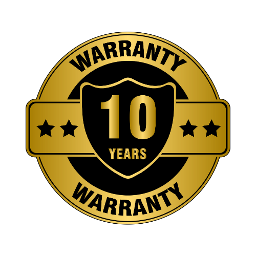 Gold and black warranty badge indicating a 10-year warranty with shield emblem, stars, and the words 'Warranty' and 'Years'..