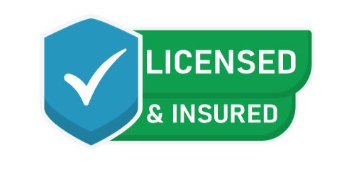 A badge indicating the license and insurance status, with a blue shield and a white checkmark, and green text reading 'Licensed & Insured'.