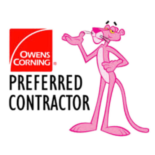 The image features the Pink Panther character standing next to the text 'Preferred Contractor' with a red square logo that has a check mark. The Pink Panther is smiling, with one hand on his hip and the other pointing up.