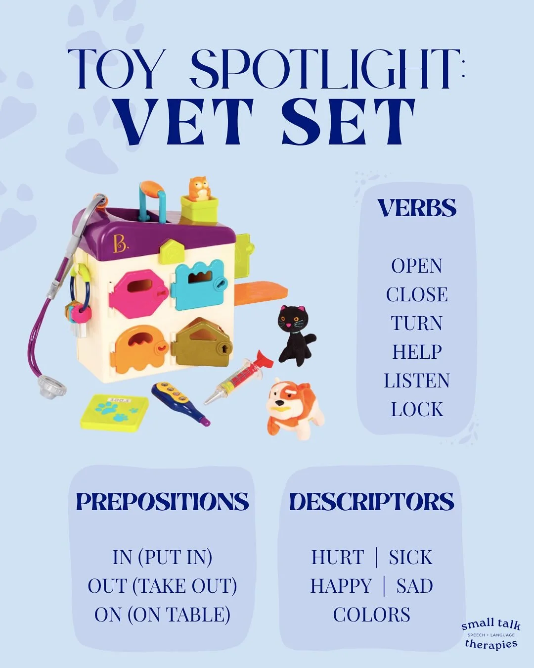 I love keeping this vet set on rotation to target functional vocabulary along with pretend play skills. There are endless ways to use this set to engage kids and expand language! I also like to switch out with different animals/characters to work on 