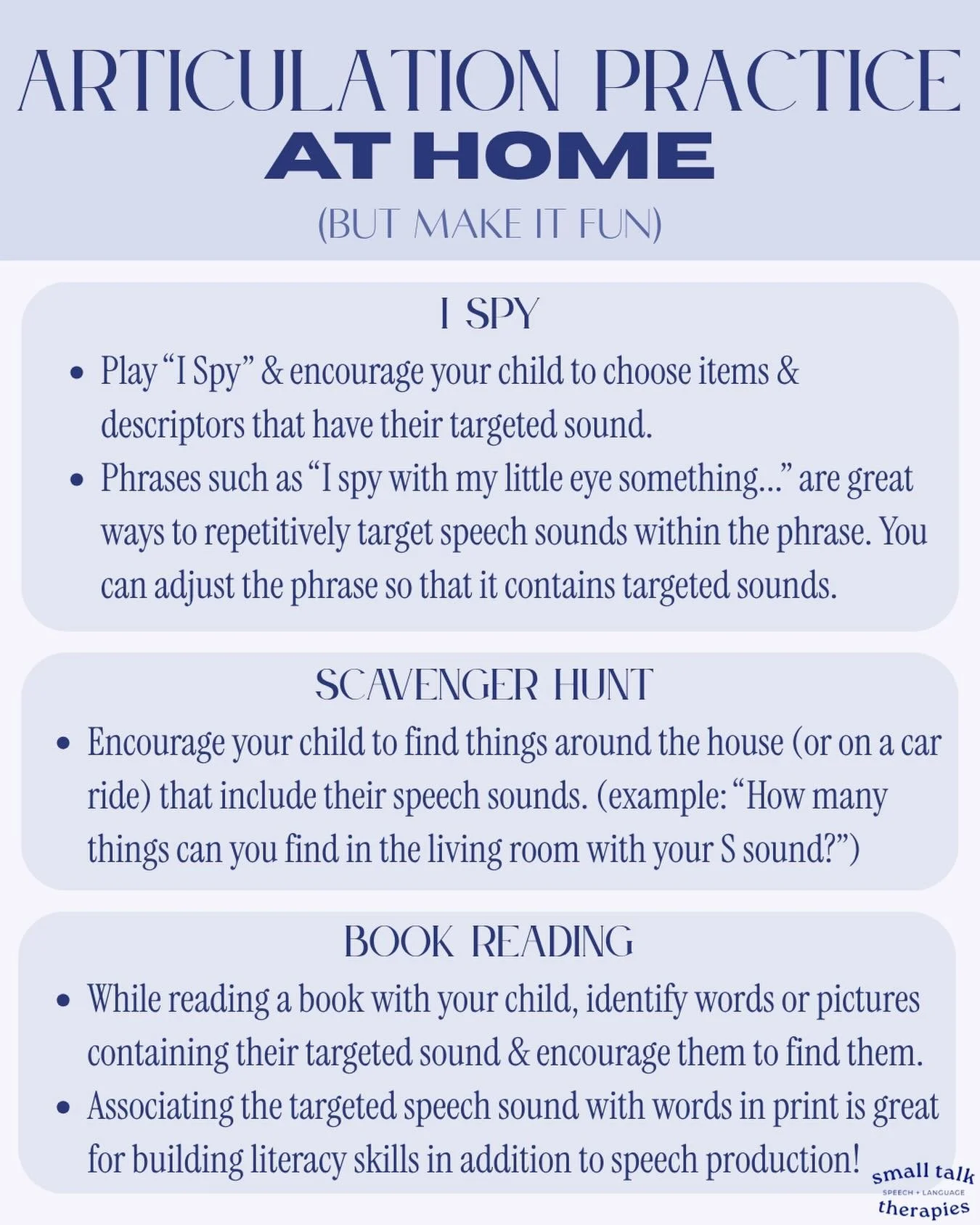 Children make the most progress with speech production when they practice daily outside of therapy sessions, even if it&rsquo;s just a few short minutes!