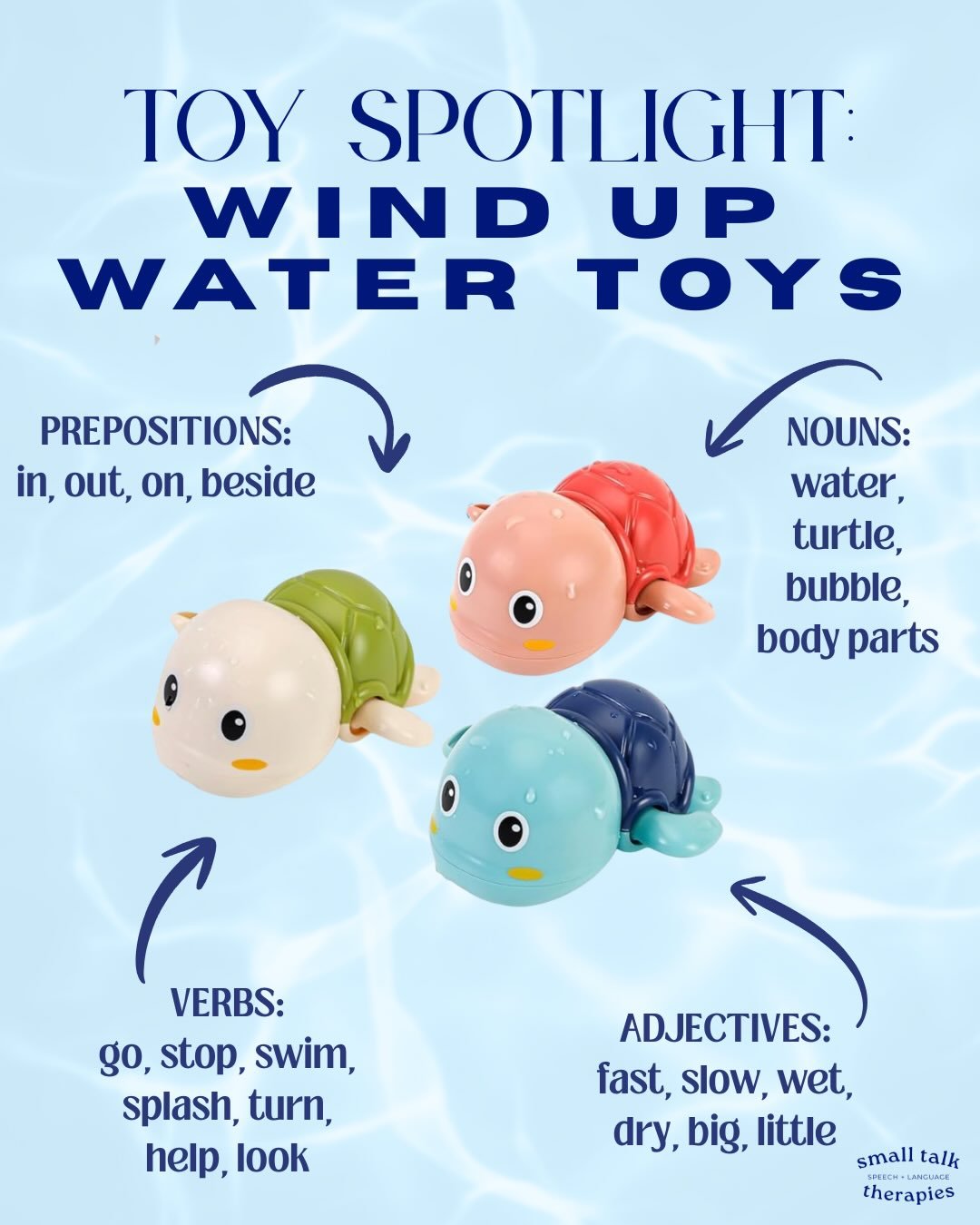 A bath toy that&rsquo;s become a summer favorite! ☀️ We&rsquo;ve been loving these wind-up water toys in our water table and at the pool. Wind-up toys create so many opportunities for language development &mdash; and adding water makes it even more f