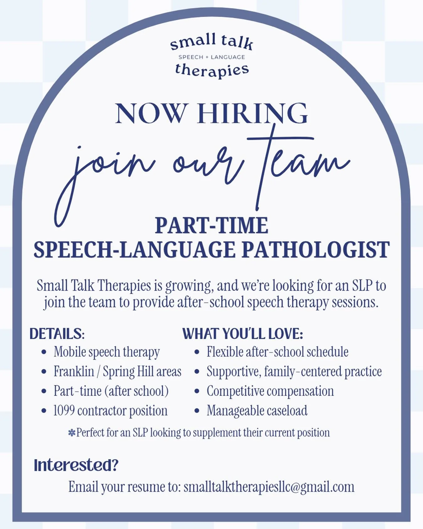Join the Small Talk Therapies team 🤍

Currently seeking a compassionate, motivated SLP to join the team for part-time, after-school hours.

If you&rsquo;re passionate about building meaningful relationships with children and families, love providing