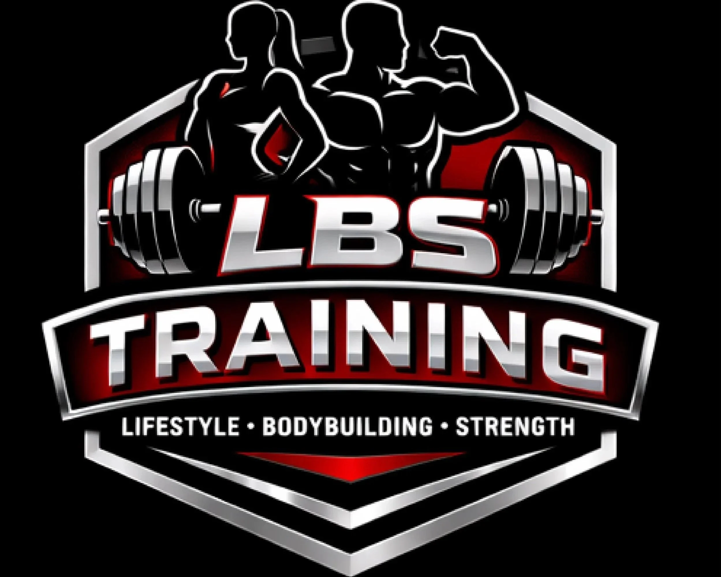Logo for LBS Training with a muscular man flexing and a barbell, emphasizing lifestyle, bodybuilding, and strength.