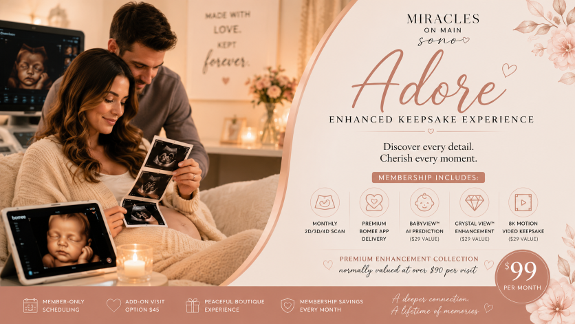 Expecting parents viewing beautifully enhanced ultrasound keepsakes during a premium boutique bonding experience at Miracles On Main Sono