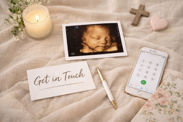 3D ultrasound print beside a smartphone, wooden cross, candle, and “Get In Touch” card at Miracles On Main Sono in West Point Mississippi