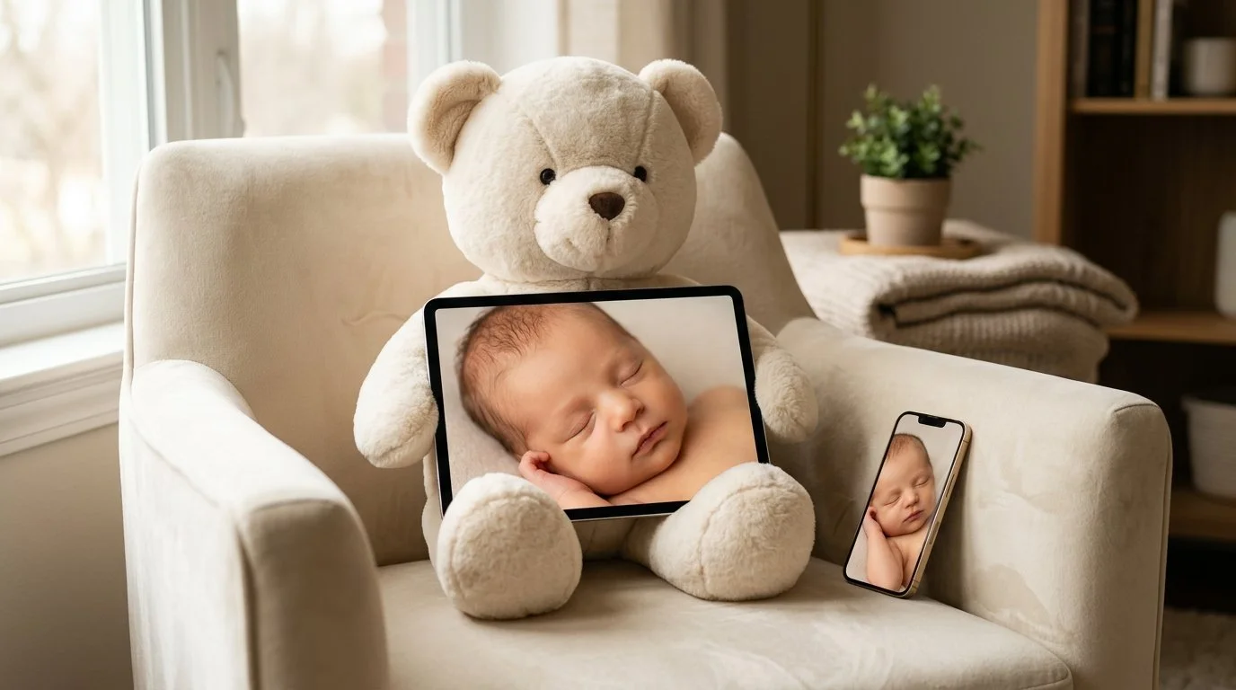 8K BabyView AI ultrasound portrait and a heartbeat bear keepsake at Miracles on Main elective imaging studio.
