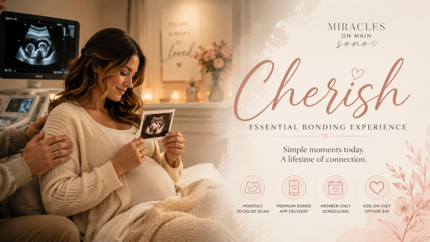 Peaceful expecting mother enjoying a boutique 3D and 4D ultrasound bonding experience at Miracles On Main Sono in West Point Mississippi