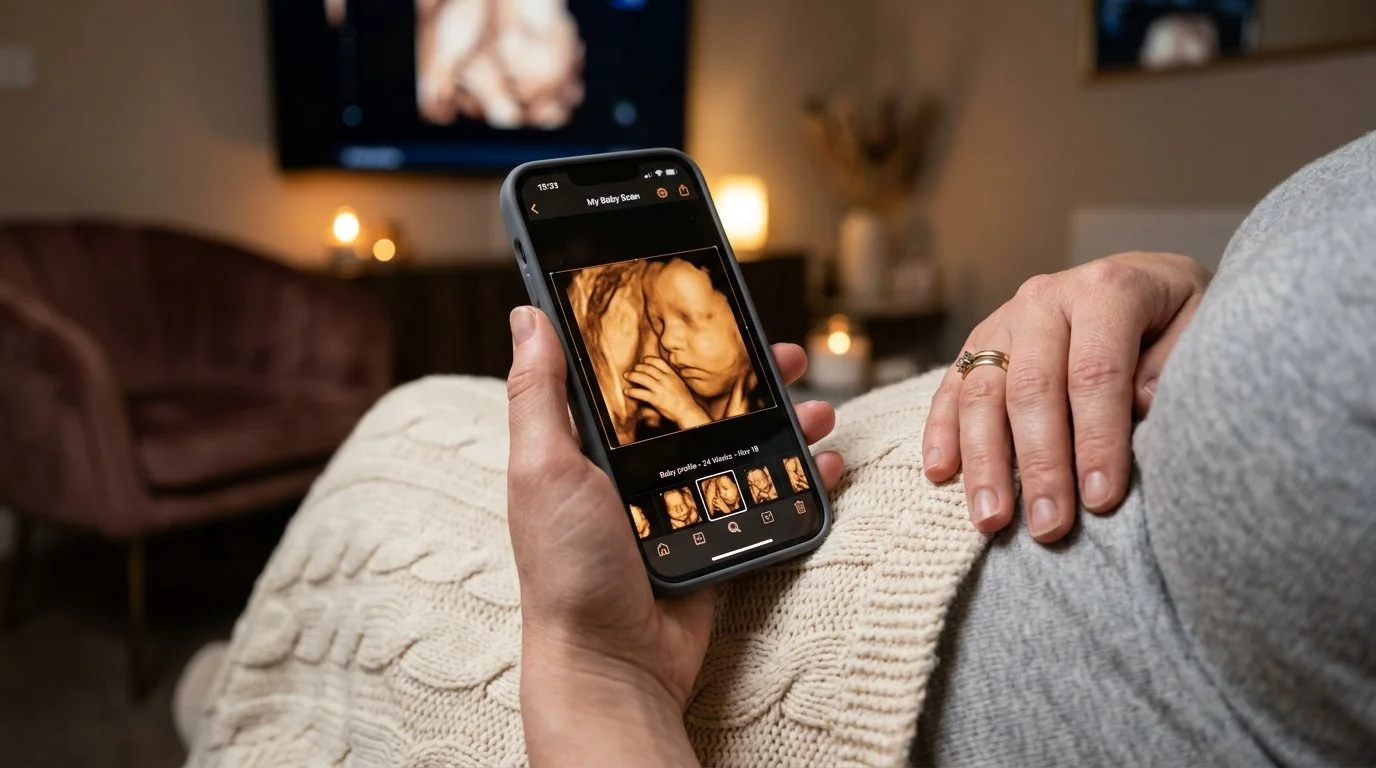 A pregnant mother viewing her instant 3D ultrasound results on the Bomee app at Miracles on Main boutique studio.