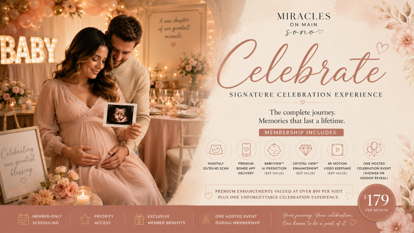 Pregnant couple celebrating their growing baby during a luxury boutique ultrasound and hosted celebration experience at Miracles On Main Sono in West Point Mississippi