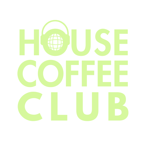 Logo for House Coffee Club with a globe and headphones design above the text in lime green on a black background.