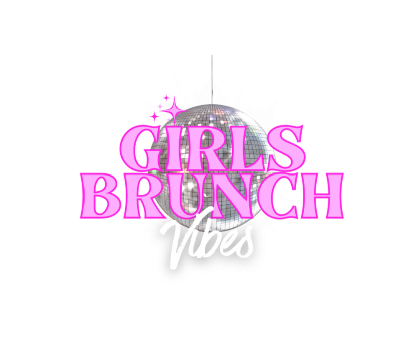 Logo with a disco ball and the words "Girls Brunch Vibes" in pink and white text.