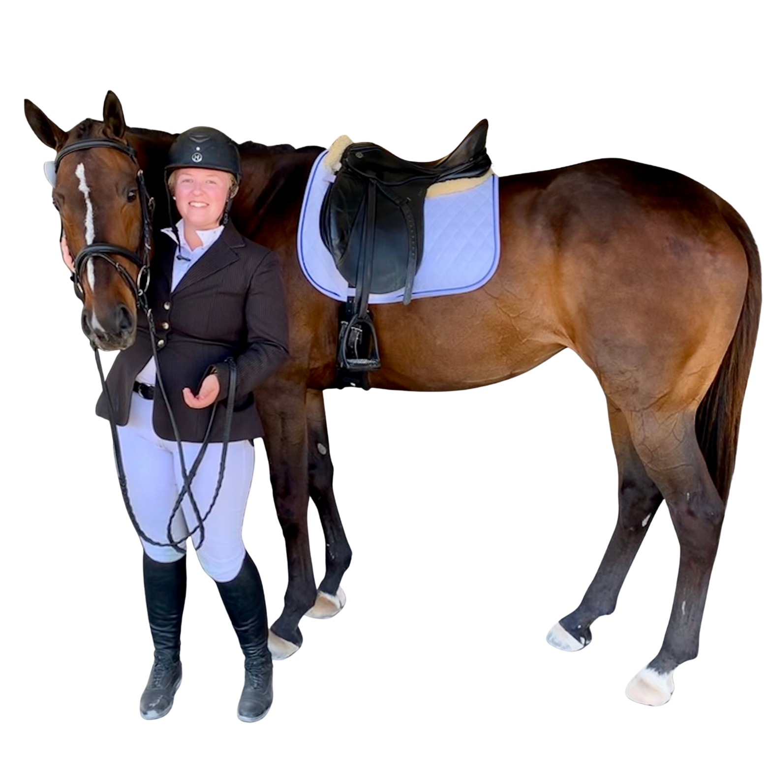 A woman in equestrian attire standing next to a brown horse with a saddle and bridle. Savannah Hawkins and A Navajo Tale.