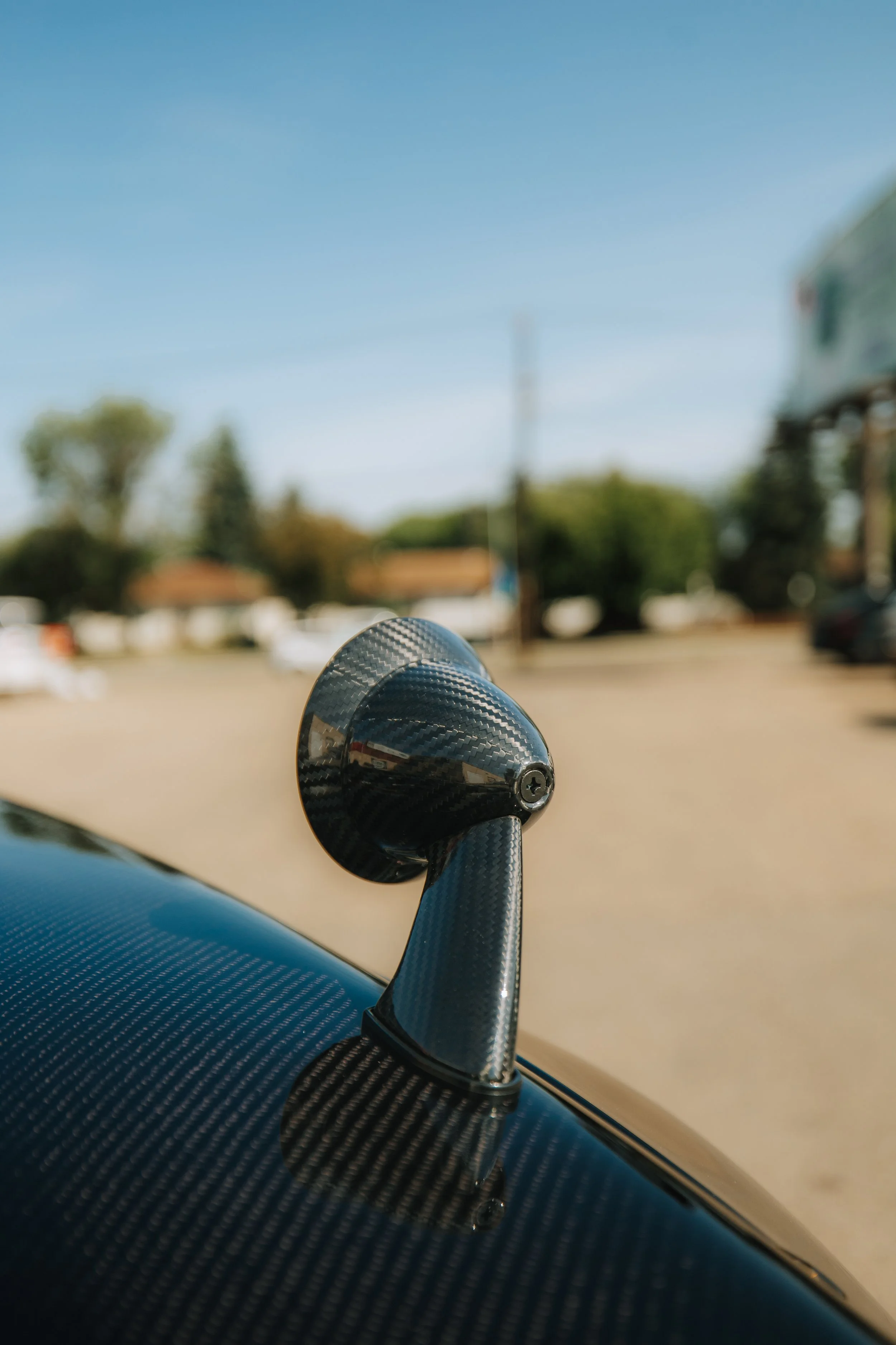 Close-up of a carbon fiber car antenna on a black car, with a suburban neighborhood and blue sky in the background.