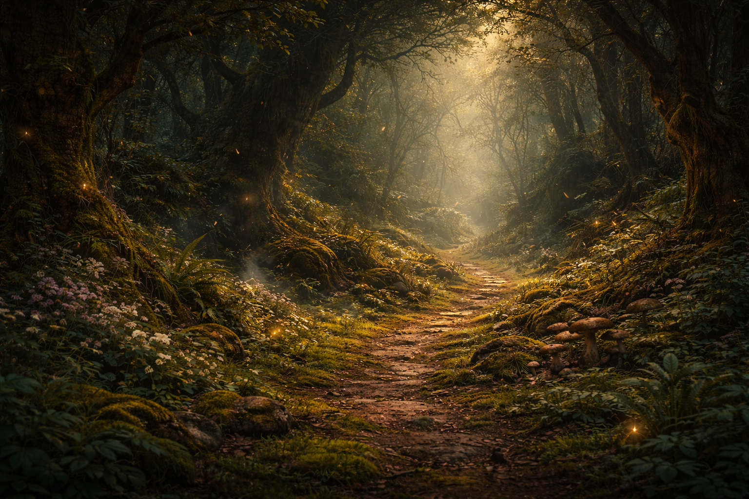 A mystical forest path with tall, twisted trees and soft glowing lights, surrounded by lush greenery and small mushrooms.