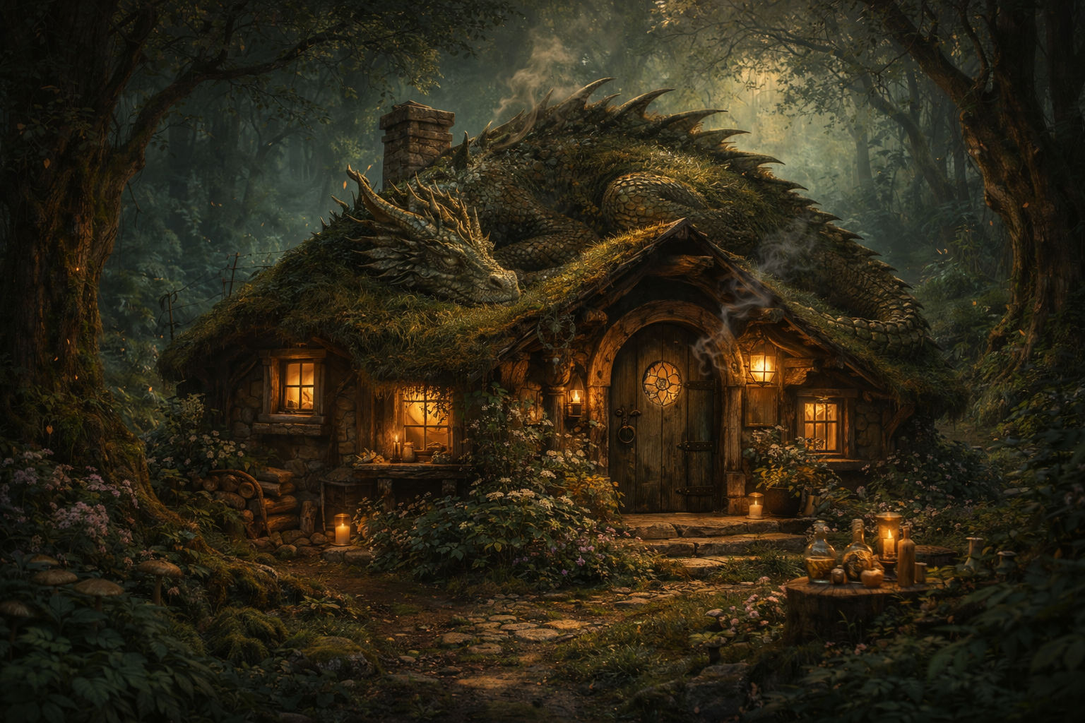 A fantasy scene with a large dragon sleeping on a moss-covered roof of a cozy wooden cottage in a lush, enchanted forest at dusk, illuminated by candles and lanterns.