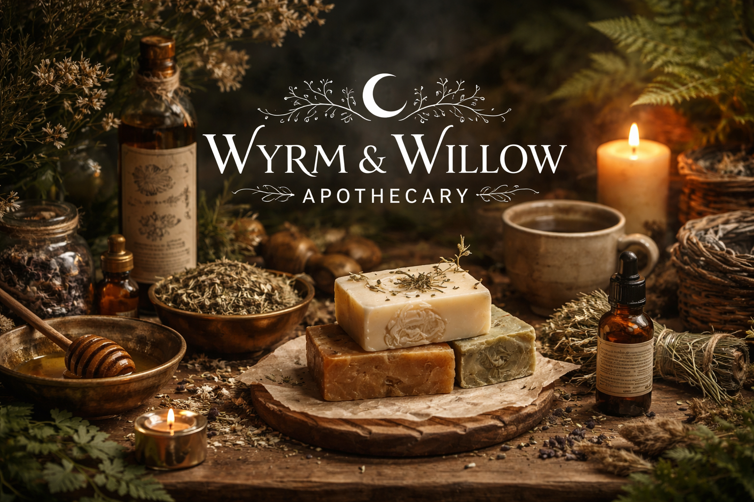 A rustic scene featuring homemade soap bars on a wooden board, surrounded by dried herbs, essential oils, candles, a cup of tea, and apothecary jars, with the text 'Wyrm & Willow Apothecary' overlayed.