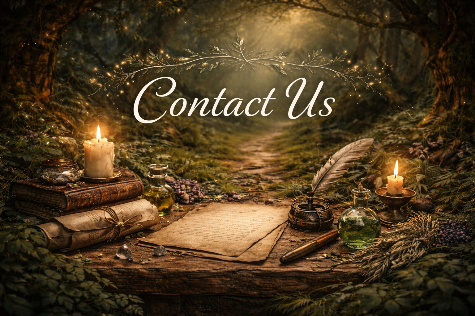 A mystical forest scene with candles, vintage books, parchment, quill, and glass bottles of ink or potion on a wooden table. The text 'Contact Us' is written in the center in elegant script, surrounded by foliage and giving an enchanted, historical vibe.