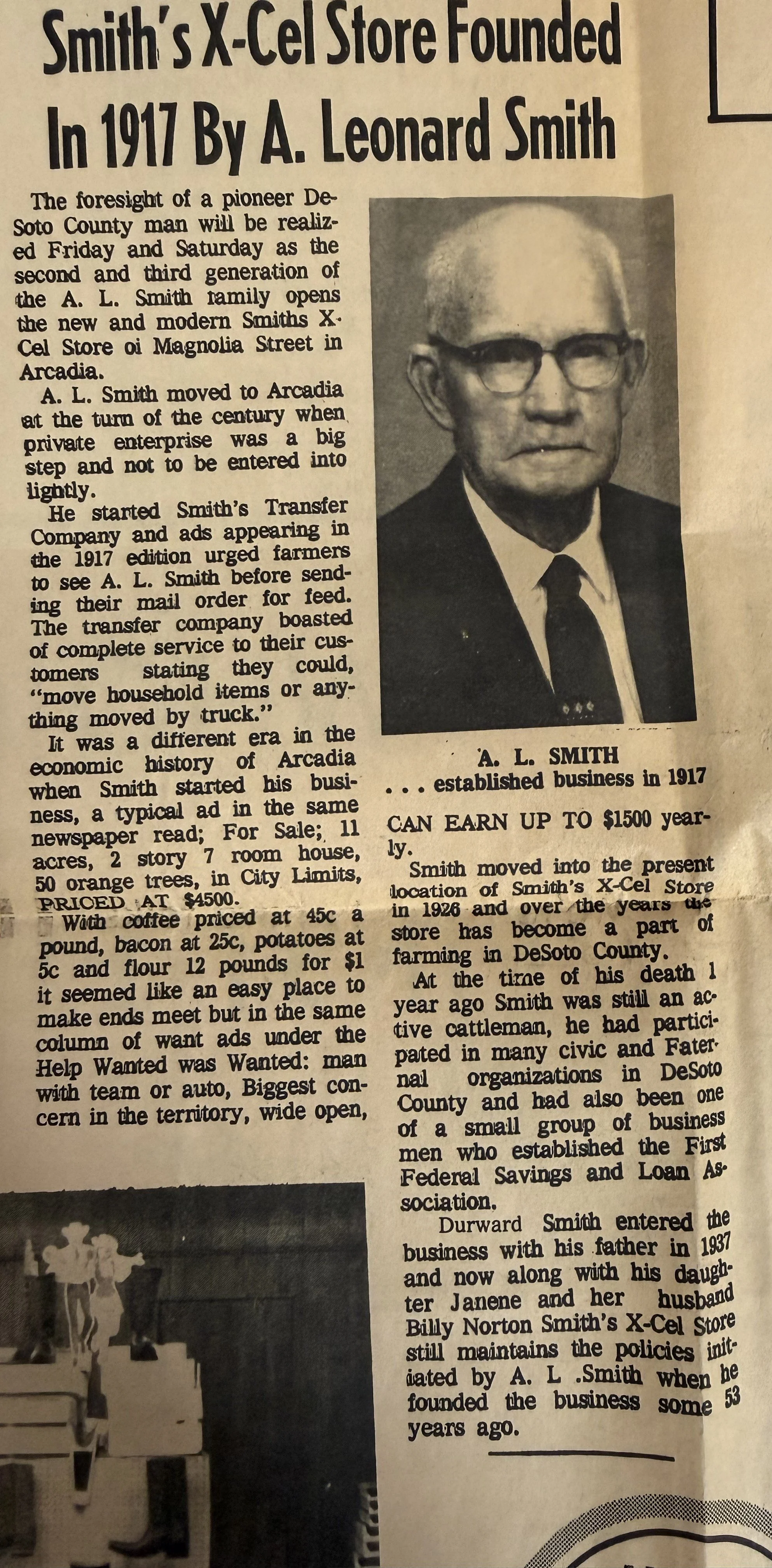 Historical newspaper article about A. L. Smith, founder of Smith's X-Cel Store in 1917, with a photograph of A. L. Smith.