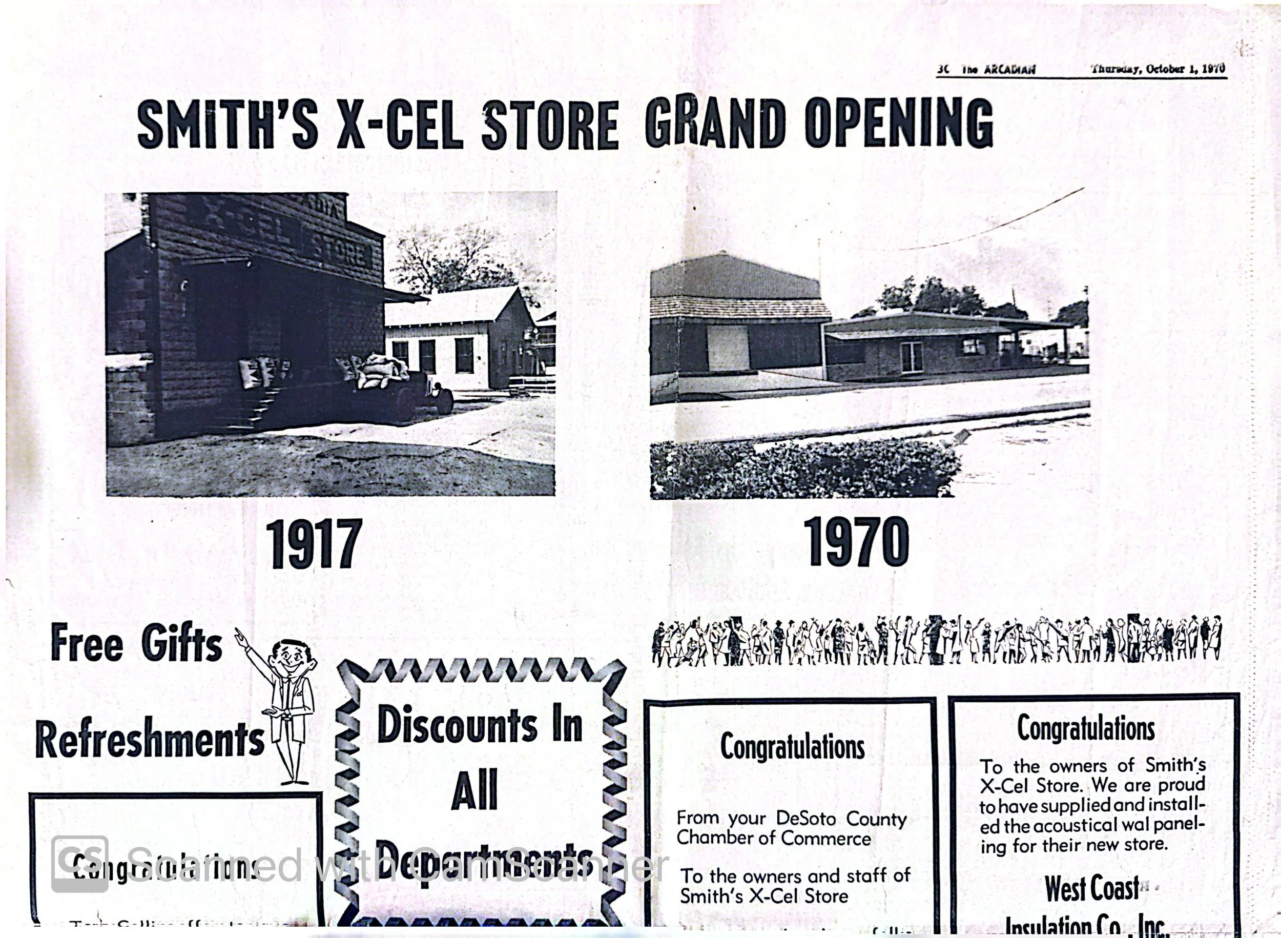 A black and white newspaper announcement for the grand opening of Smith's X-Cel Store, showing photos of the store in 1917 and 1970, and congratulatory messages to the store owners.