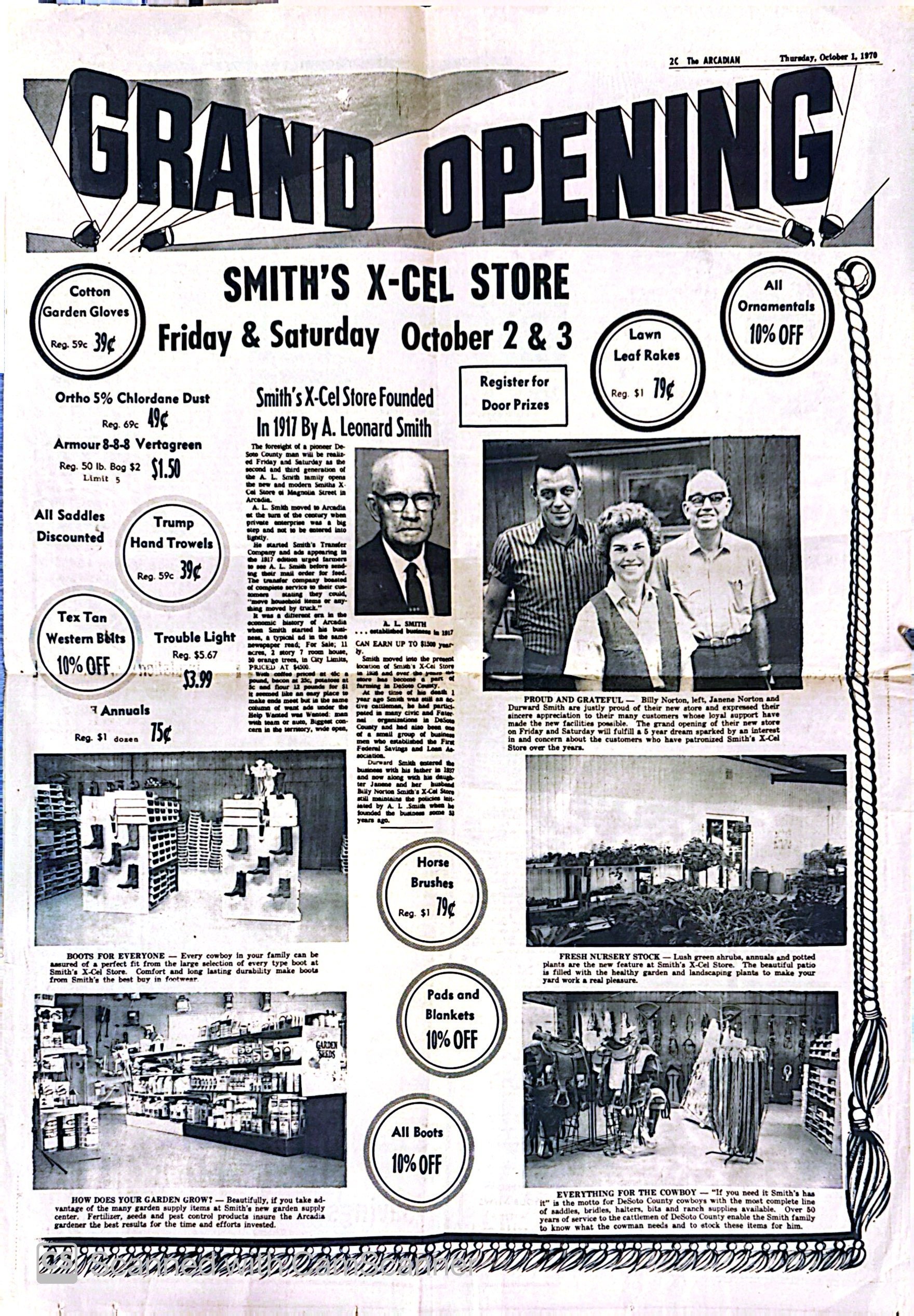 1940s newspaper page announcing the grand opening of Smith's X-Cel Store with photos of the store and staff, and ads for gardening supplies and tools.
