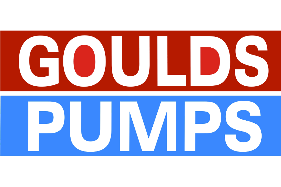 Logo with red background rectangle containing the word 'GOULDS' in black uppercase letters, and blue background rectangle below it with the word 'PUMPS' in black uppercase letters.