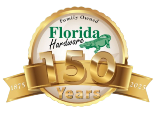 Florida Hardware 150 Years logo with gold ribbon, crocodile, and years 1875-2025.