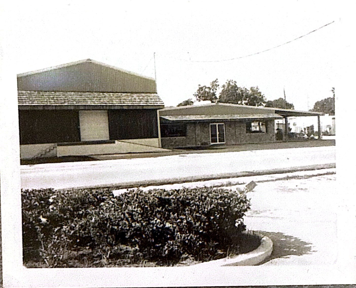 A black and white photo of two single-story buildings with flat roofs, along a paved street, with bushes in the foreground and trees in the background.