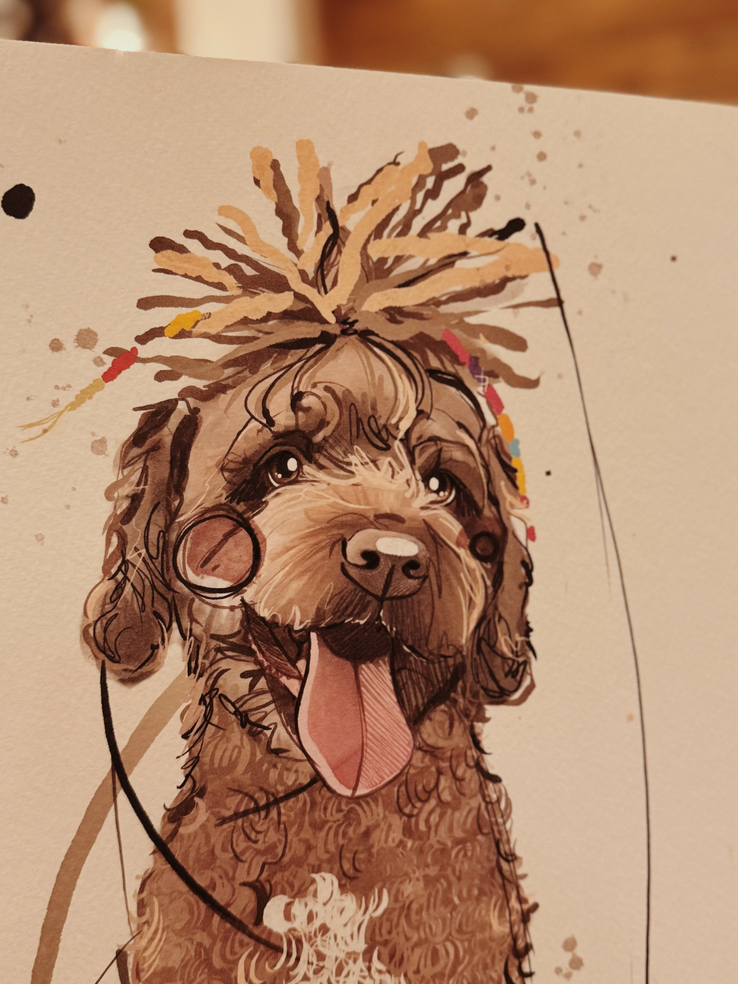 Dibujo retrato artístico  de un perro / gato hecho a mano, ilustradora Monica Sampietro Barcelona encargo