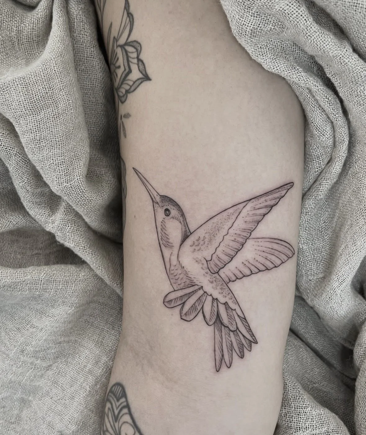Tatuaje de un colibrí en el brazo, en estilo lineal.