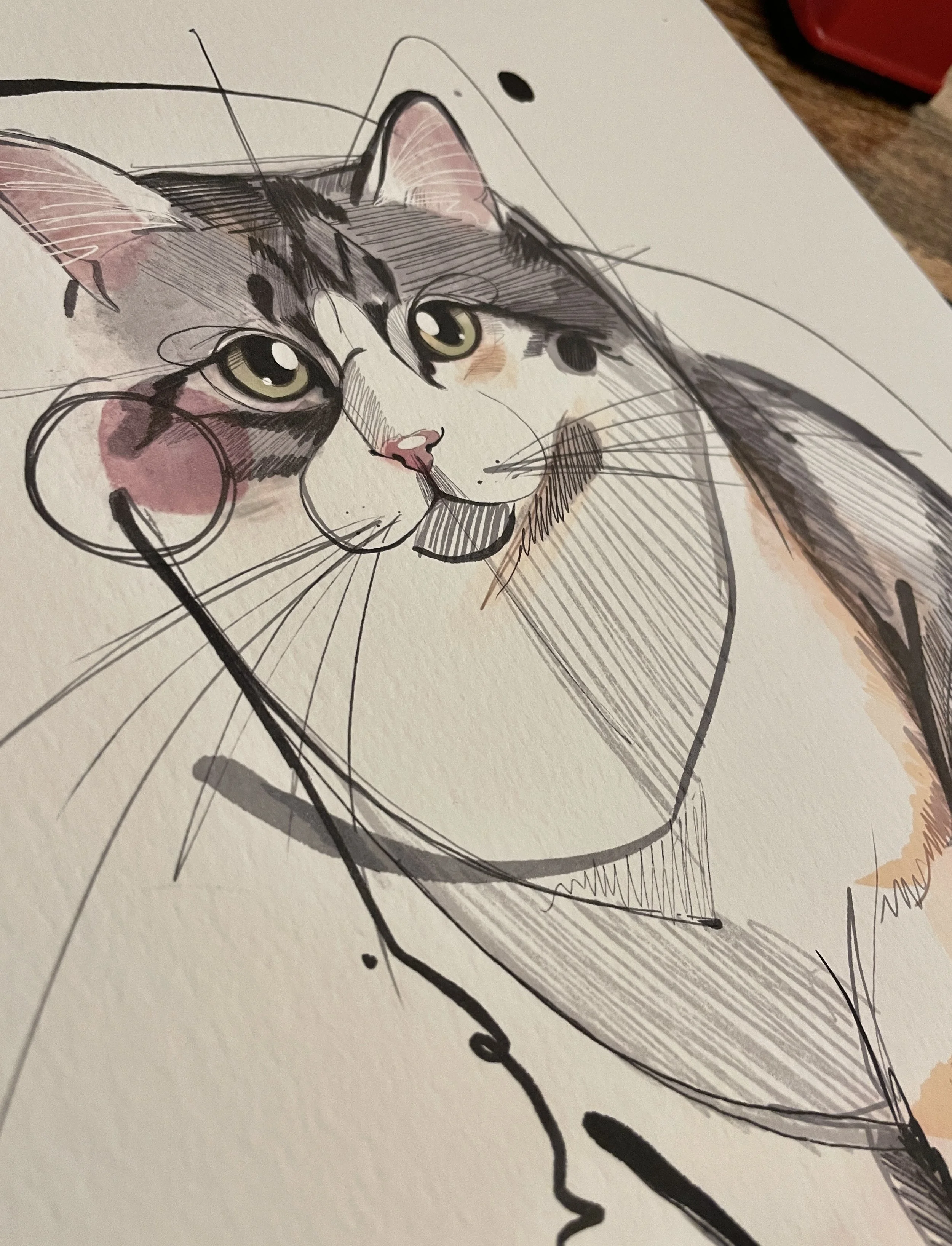 Dibujo artístico de un gato con detalles en acuarela y líneas de tinta, resaltando su rostro y orejas.
Dibujo retrato artístico  de un perro / gato hecho a mano, ilustradora Monica Sampietro Barcelona encargo