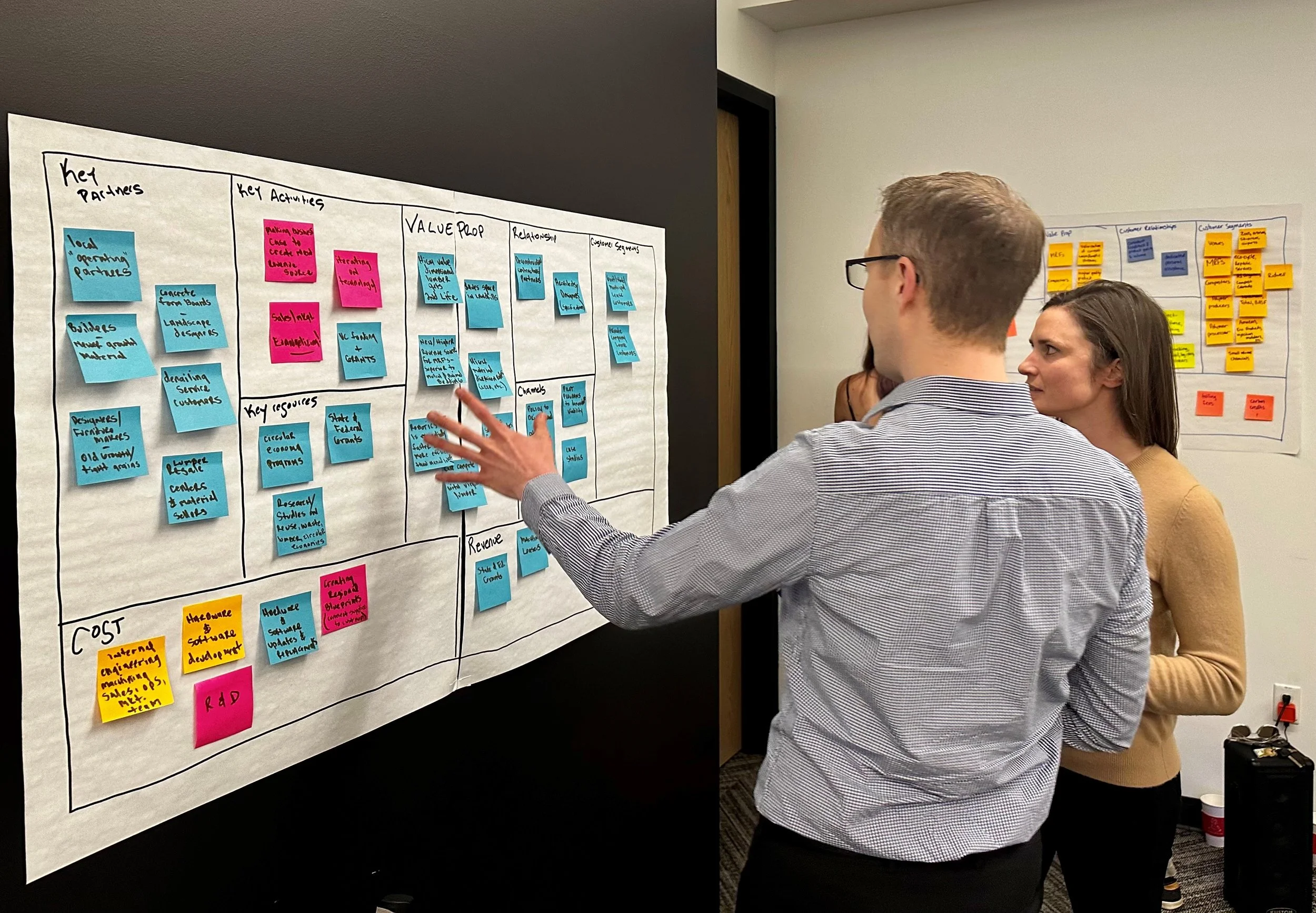 Two people stand in front of a large poster with colorful sticky notes scattered across the board. The man in the center is facing the wall and pointing at the plan on the wall. The woman on the left is listening and is focused on the notes.
