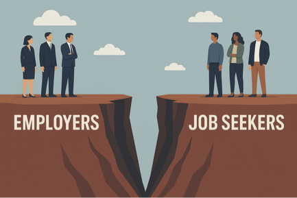 Illustration of employers and job seekers standing on opposite edges of a cliff separated by a deep crack.