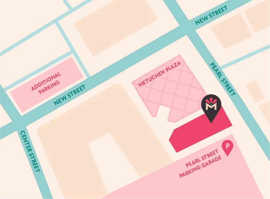 Map showing streets and parking areas, including new street, center street, pearl street, and pearl street parking garage, with a restaurant or building marked near pearl street and a metro station indicated.