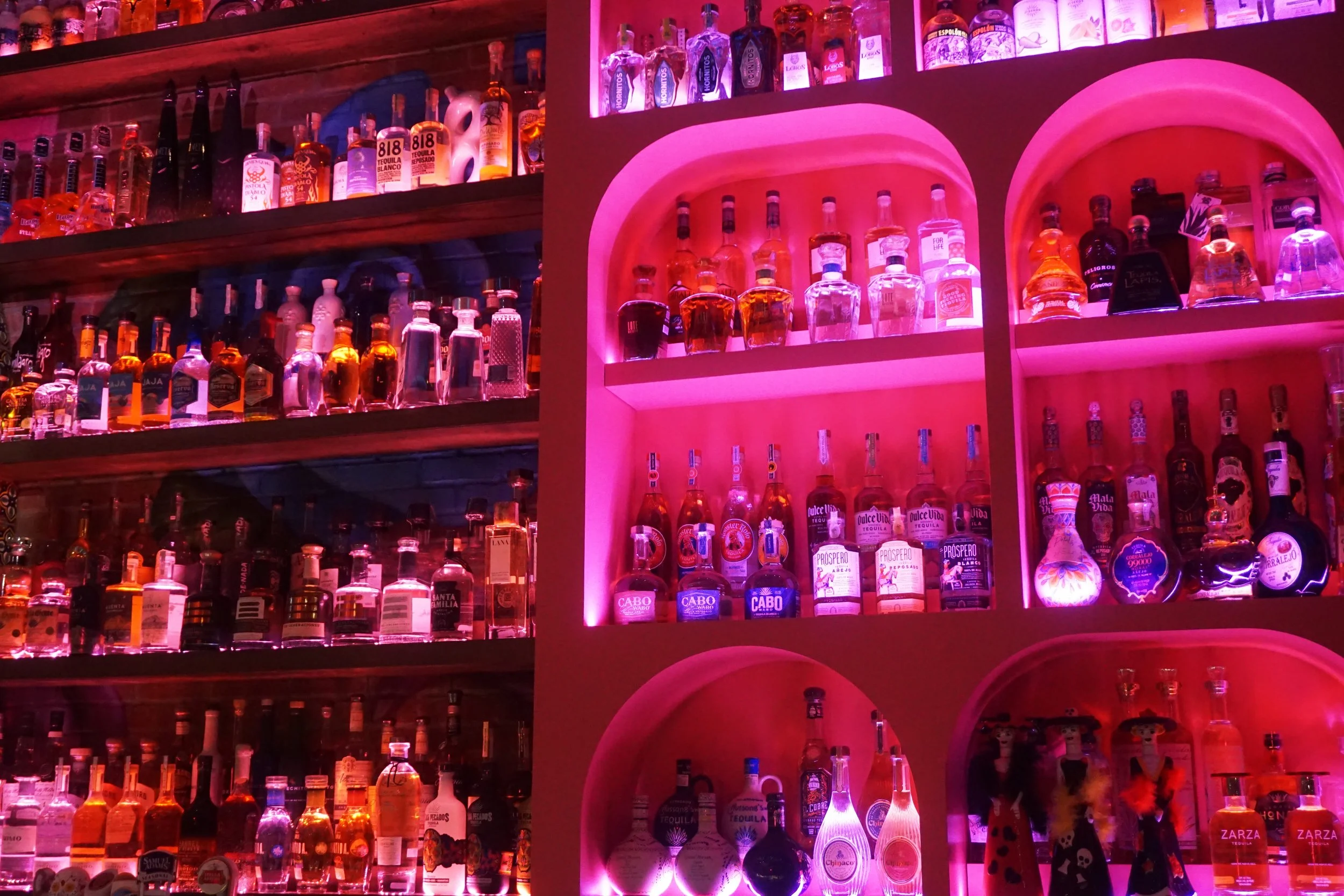 Shelves of colorful bottles of tequila illuminated with pink and purple lights.