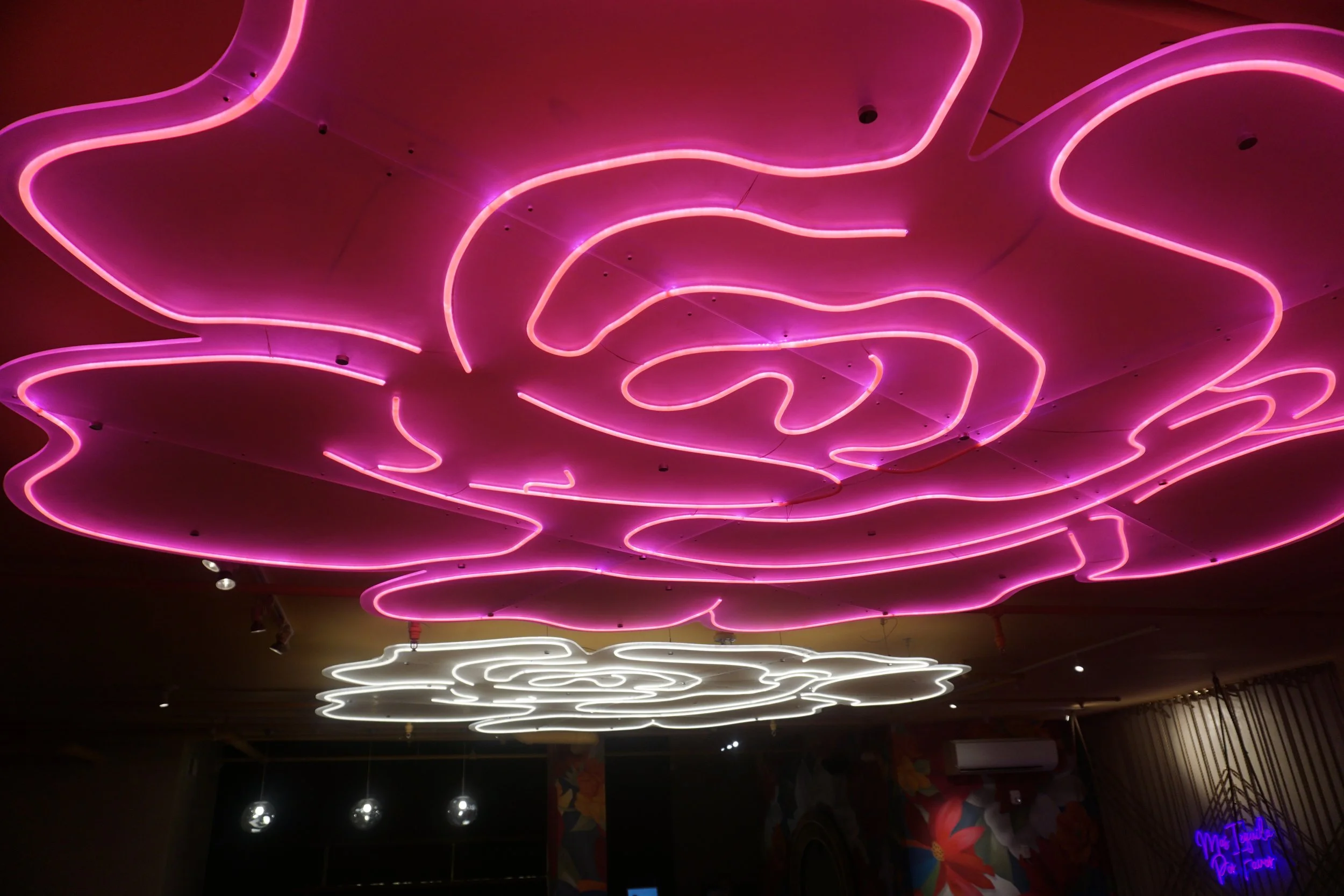 Colorful neon ceiling lights in abstract cloud-like shapes, predominantly pink and white, illuminating a modern interior space.