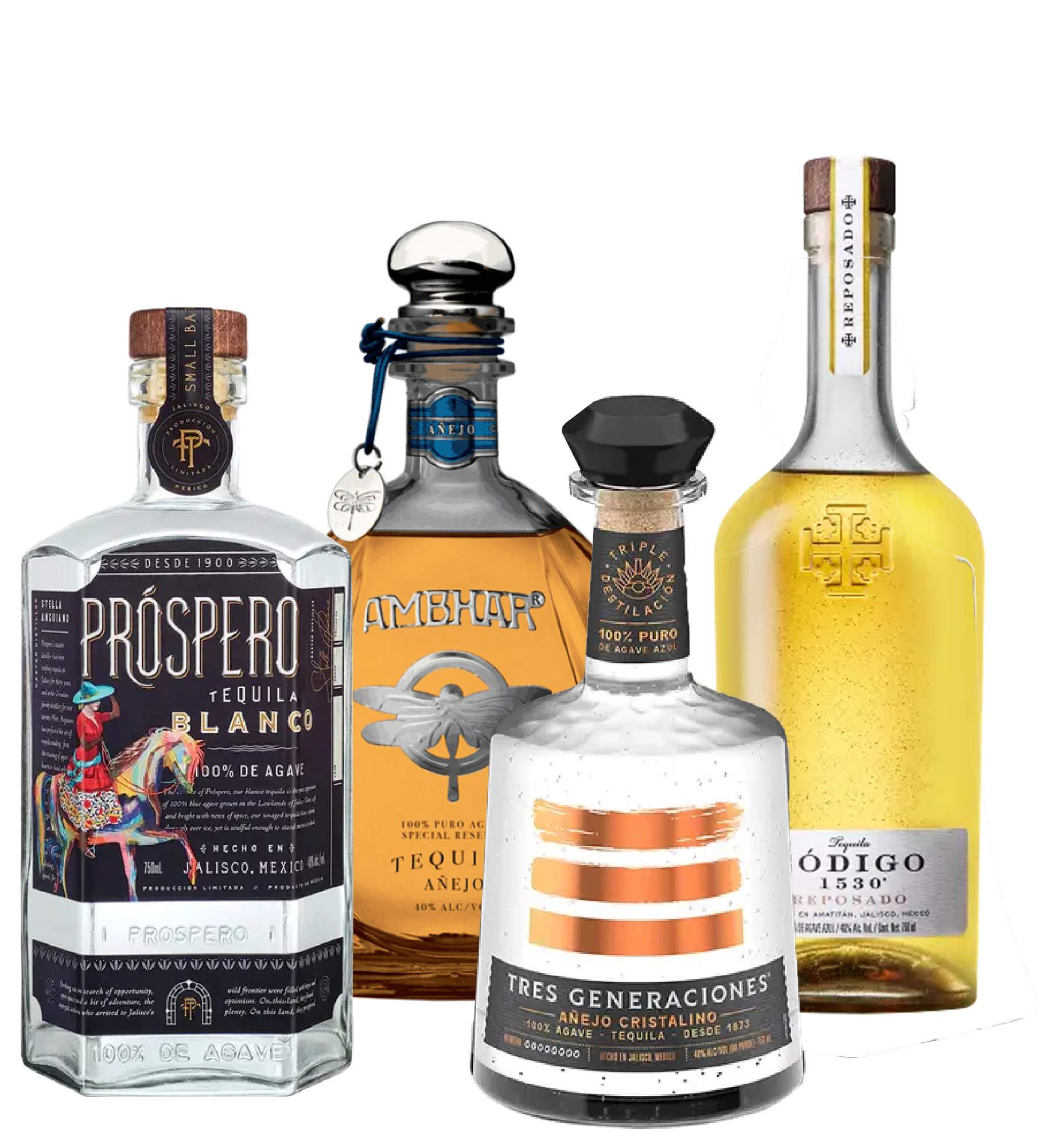 Collection of five bottles of tequila, including Prospero Blanco, Ambhar Añejo, Tres Generaciones Reposado, and two others with distinct labels and packaging.