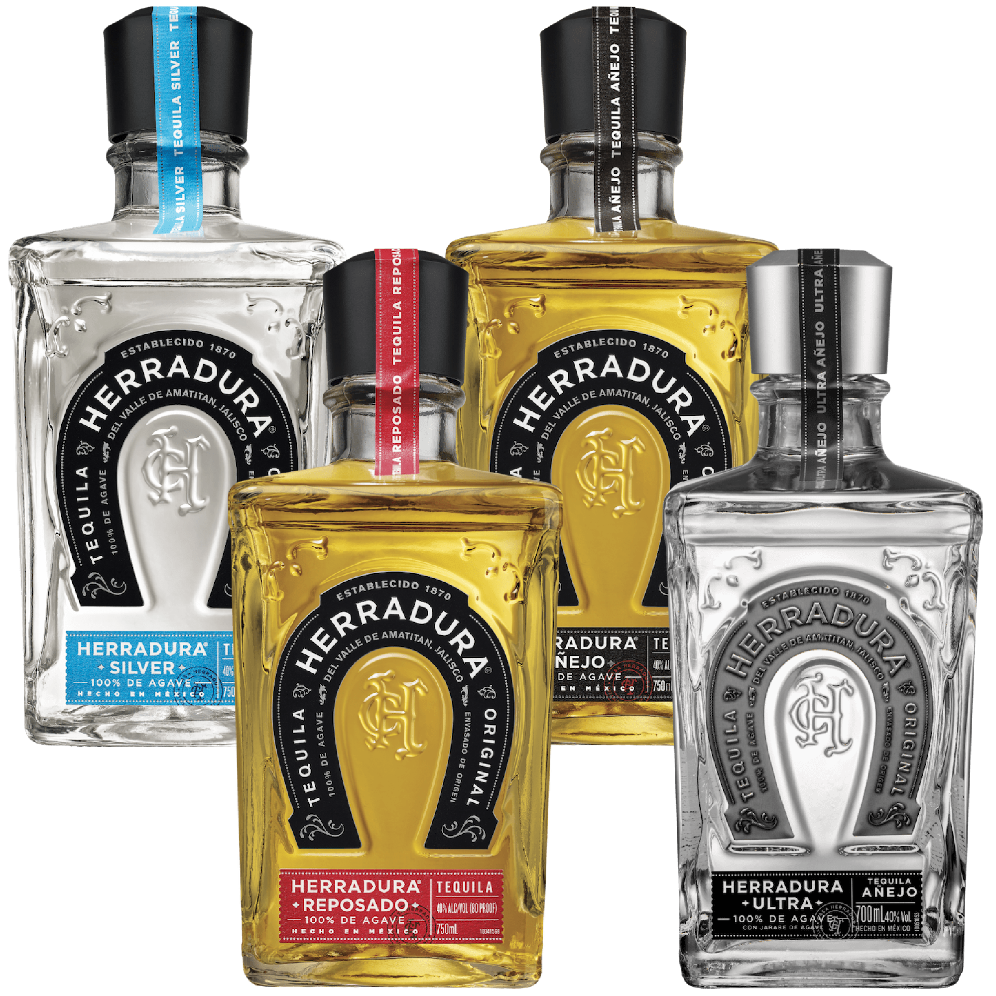 Four bottles of Herradura tequila in different varieties and sizes, including silver, reposado, and ultra anejo, arranged together.