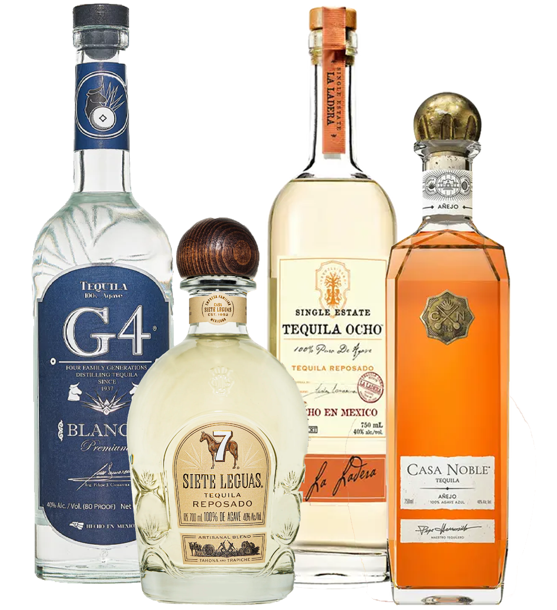 Five bottles of tequila with different labels and shapes.