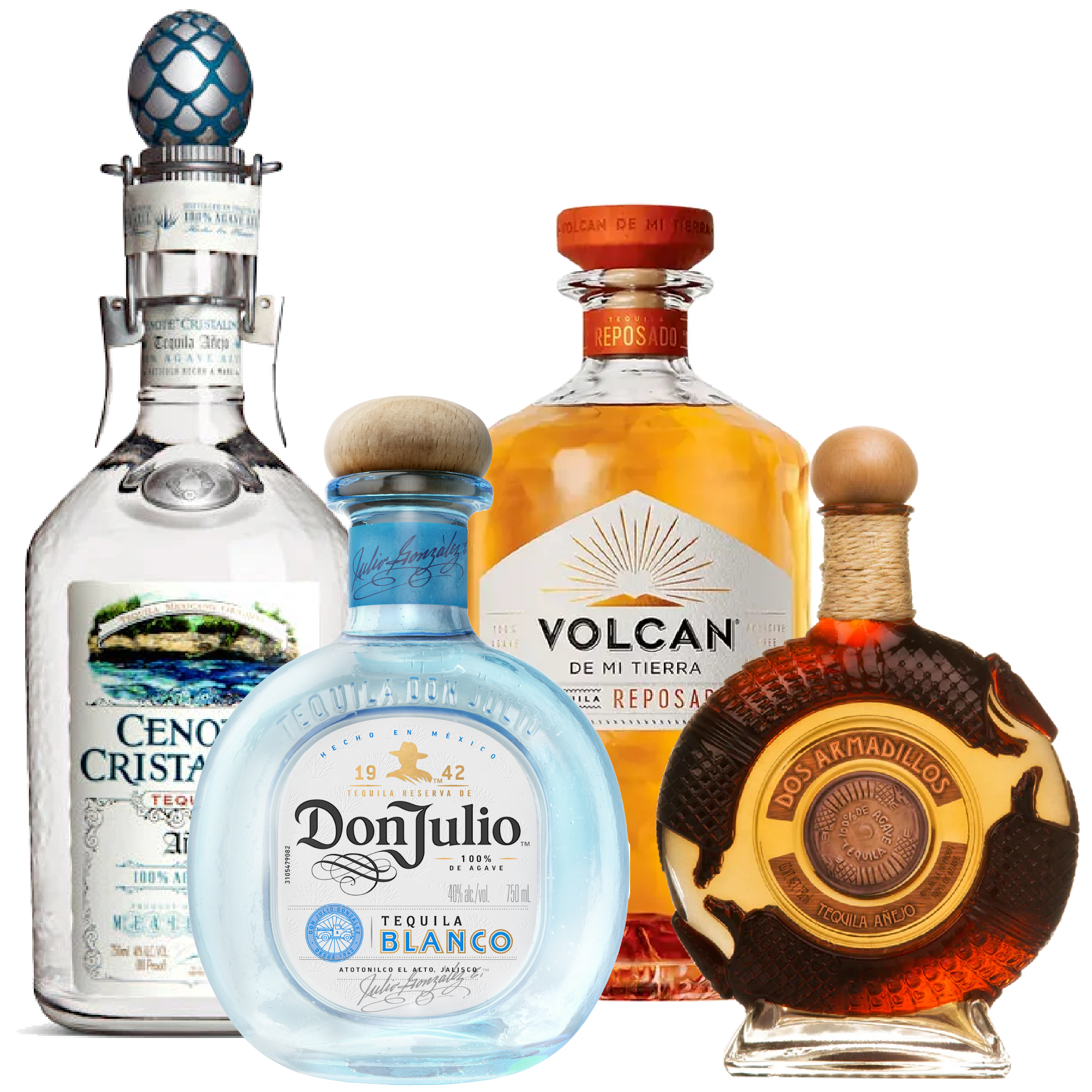 Collection of five liquor bottles including tequila and mezcal, with labels and colorful caps.