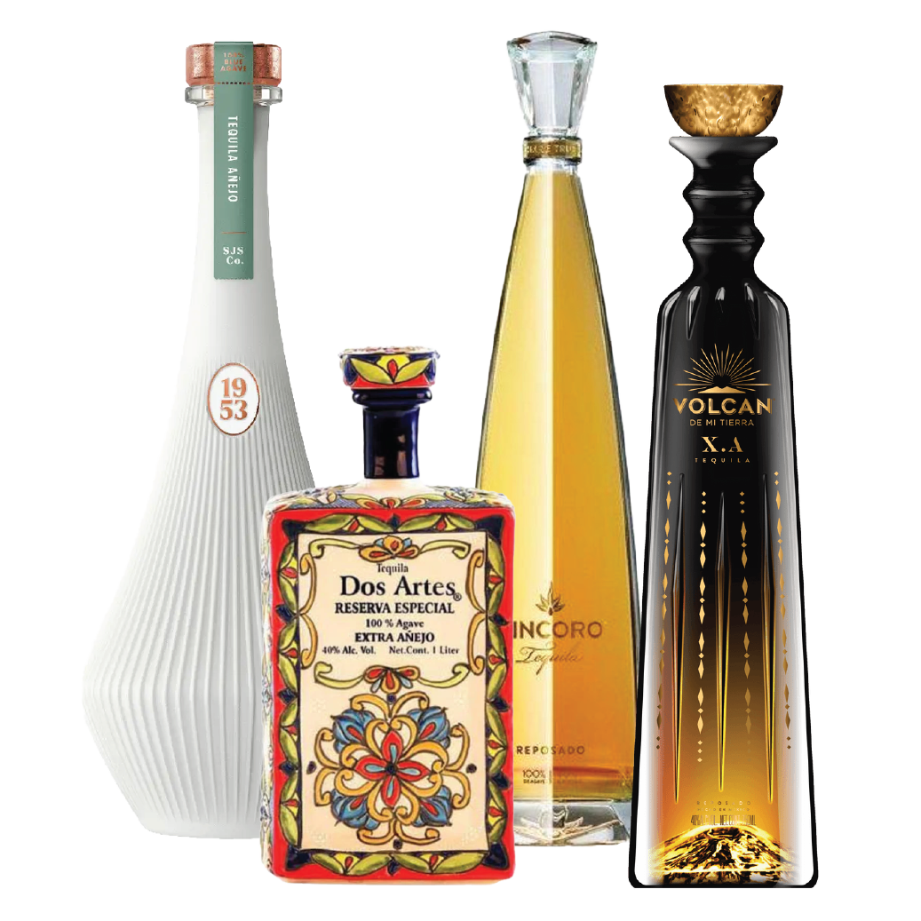 Collection of five bottles of tequila with different shapes and labels, including Dos Artes Reserva Especial, La Ginecoro, Volcan, and others, arranged against a dark background.