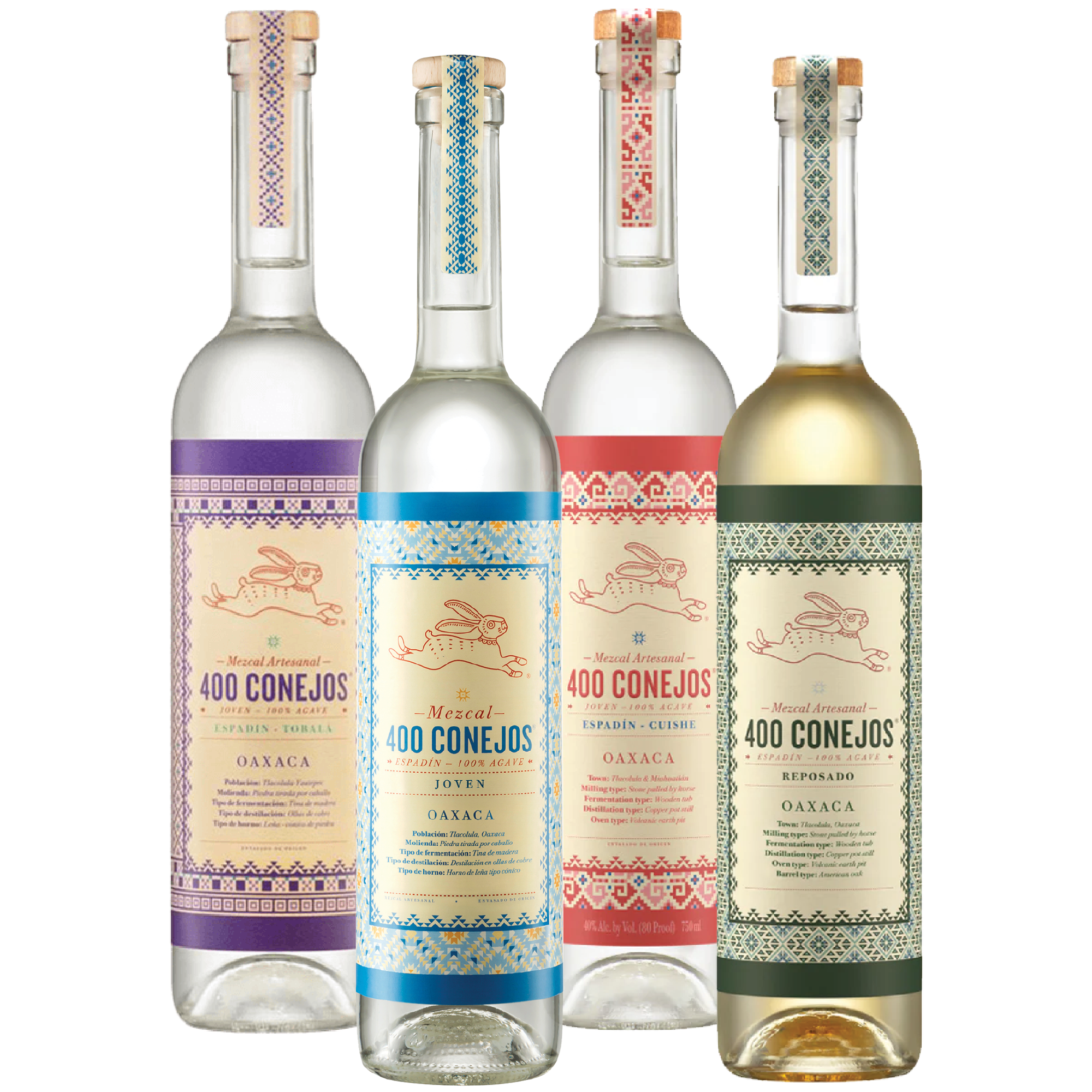 Four bottles of mezcal artesanal from Oaxaca, each with colorful patterned labels and caps, containing different varieties such as joven, reposado, and others.