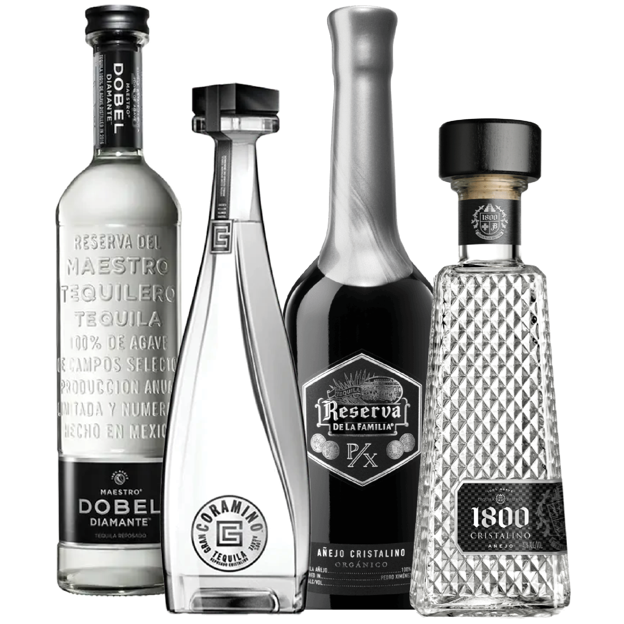 Four bottles of different types of tequila, including silver, reposado, and añejo, with various shapes and labels.
