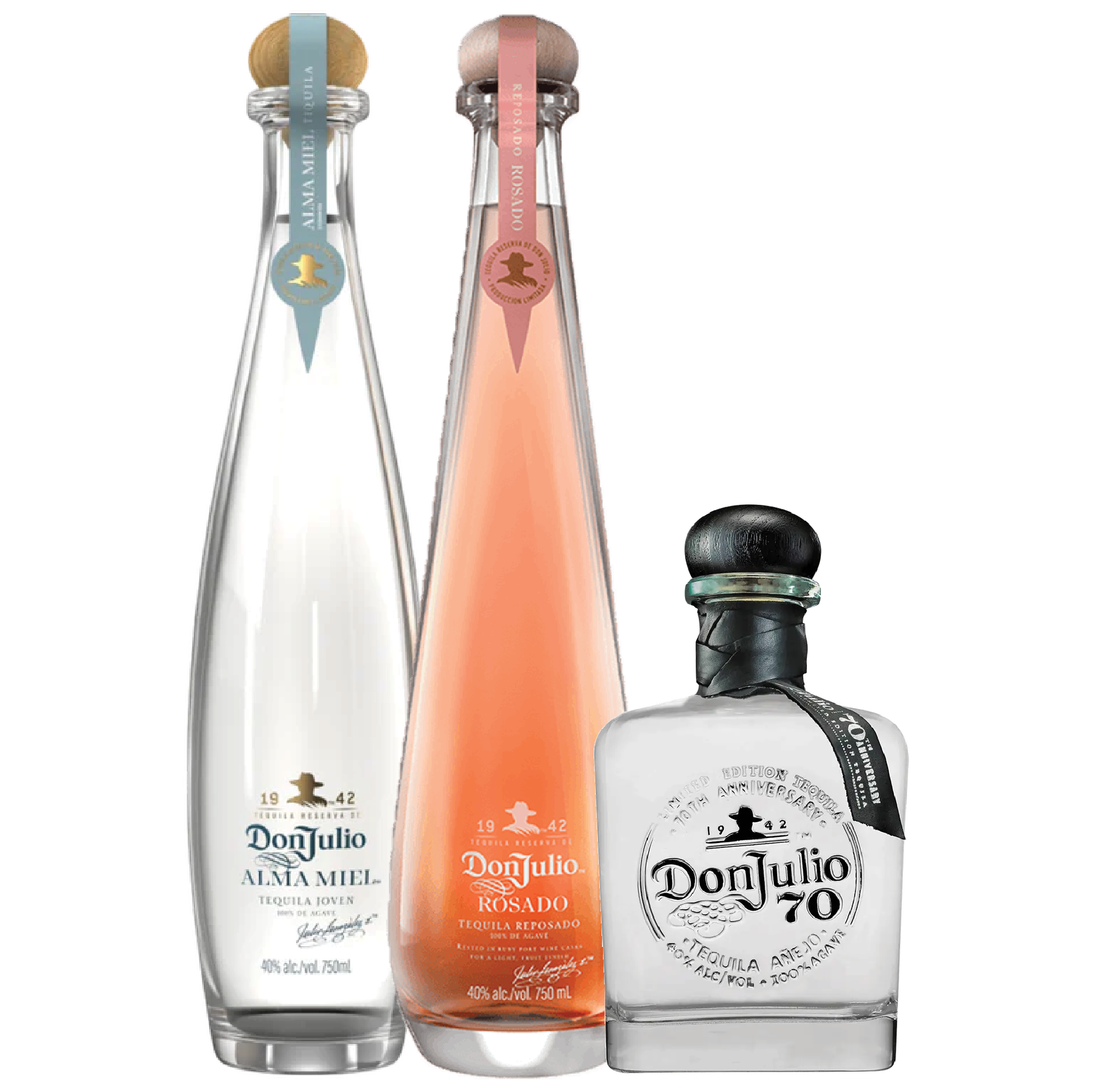 Three bottles of Don Julio tequila with different labels and colors, one in a clear bottle, one in a pinkish bottle, and one in a short, round bottle with a black cap.