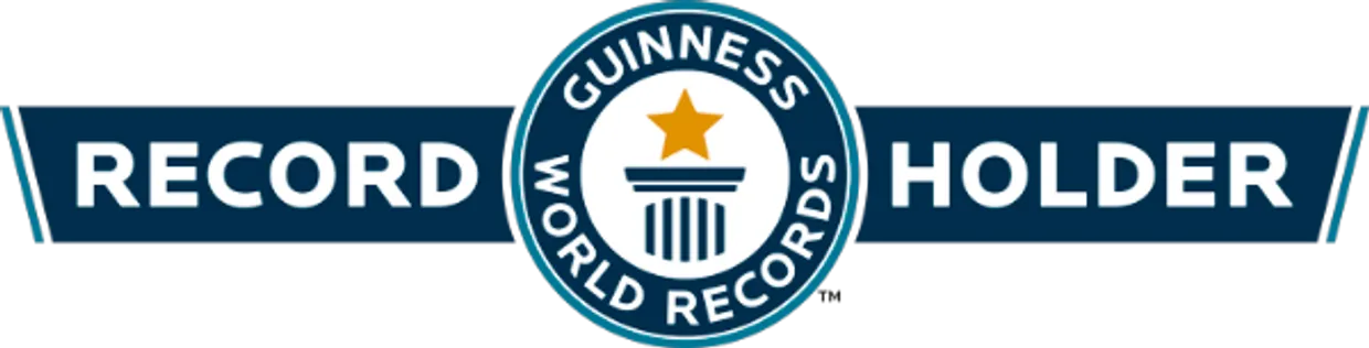 Guinness World Records logo with a gold star above a column, surrounded by a circular border that reads 'Guinness World Records'. The background features a banner that says 'RECORD HOLDER' in bold white letters on a blue background.