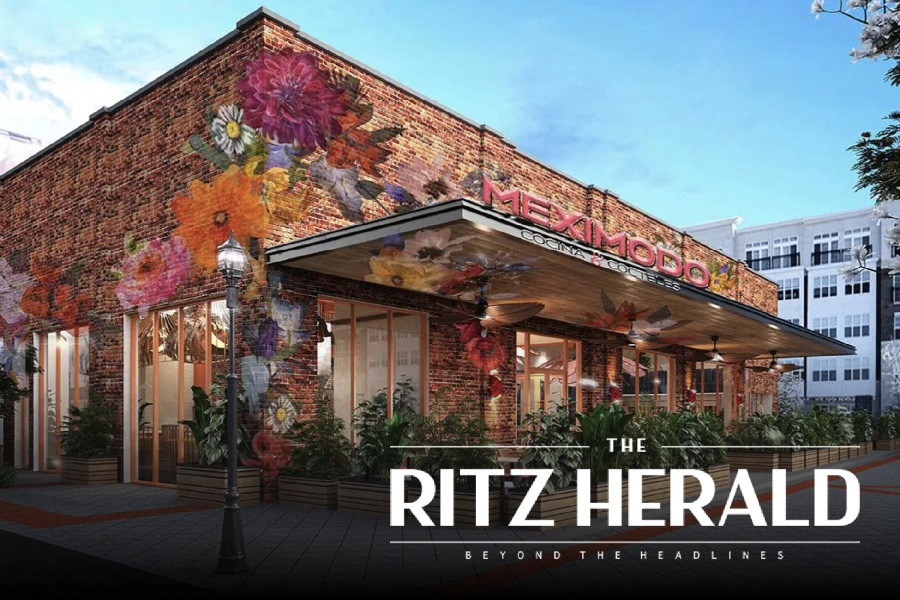 A brick building with large windows and a wooden awning, decorated with floral artwork and signs that read 'MEXICO MOD'. The caption says 'The Ritz Herald - Beyond the Headlines'.