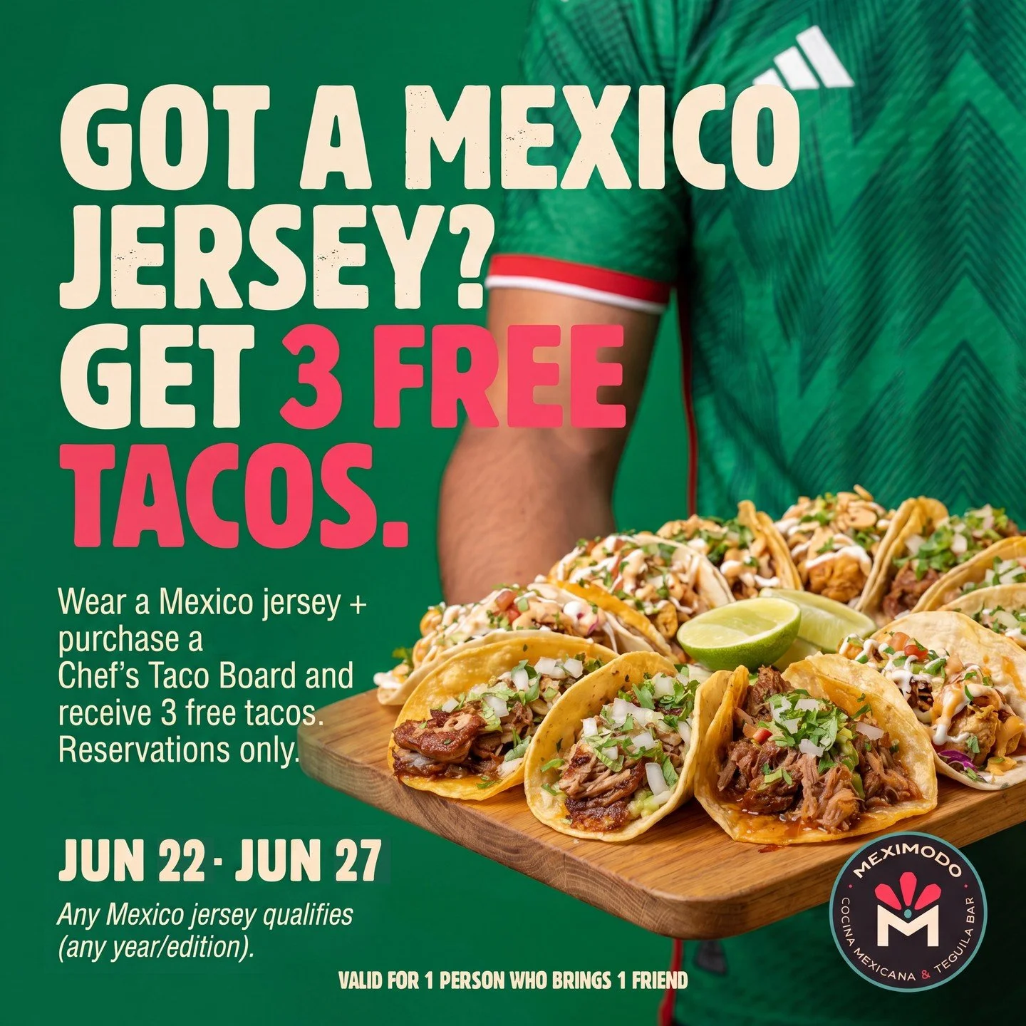 The World Cup is here, and we're covering all 104 matches on the big screens 💚🤍❤️

Grab a friend, throw on your Mexico jersey, and come to Meximodo. Let's give El Tri some good luck the right way!

🌮 3 free tacos with the purchase of a Chef's Taco